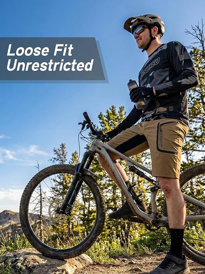 Men's Mountain Bike Shorts Loose-Fit Cycling Shorts 4 Zippered Pockets Lightweight Outer Shell for Hiking Outdoor