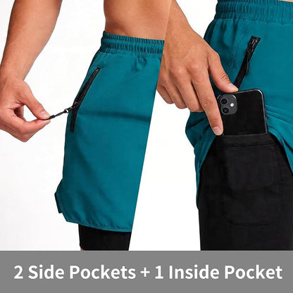 Herren Fahrradhose 2 in 1 Atmungsaktiv 4D Gepolsterte Unterwäsche Loose-fit Laufen Kurze Hose
