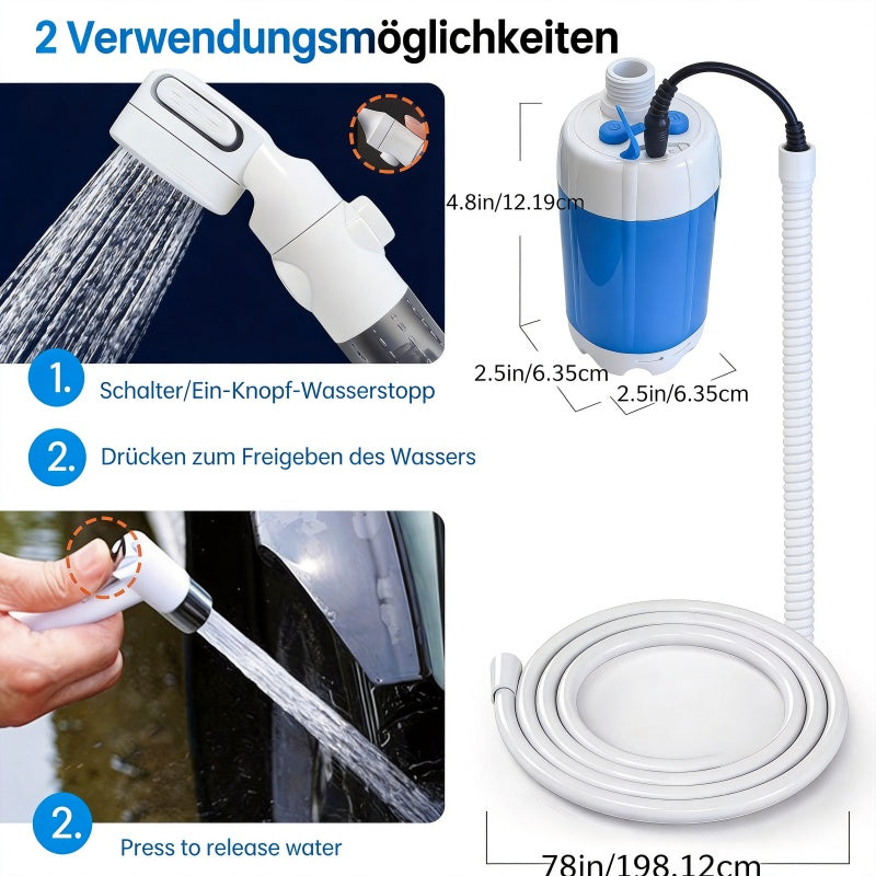Portable Camping Shower Pump with USB Rechargeable Battery, 3-in-1 Shower Head Sprayer System, 3-in-1 Hose System